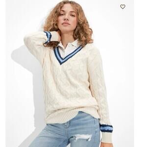 American Eagle Cable Knit V Neck Sweater Oversized Small Cream Blue‎ Trim Preppy